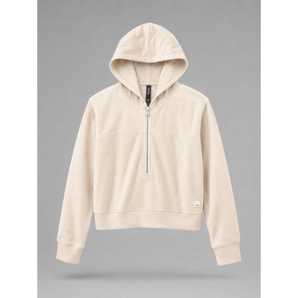 Vuori Ribbed Haven Half Zip Hoodie Suede Cream Crop Plush Velour Small NWOT